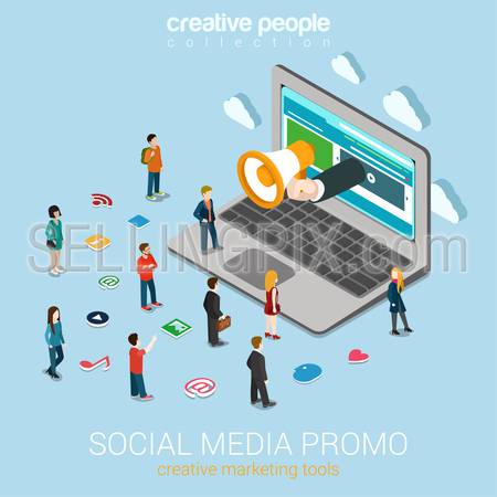 Social media marketing online promotion flat 3d web isometric infographic technology concept vector. Hand loudspeaker sticks big laptop micro people around service icons. Creative people collection.