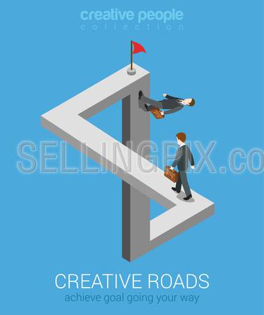 Creative ways to achieve goal flat 3d web isometric infographic business concept vector. Impossible fairy maze fable nonexistent crossing roads optical illusion. Creative people collection.