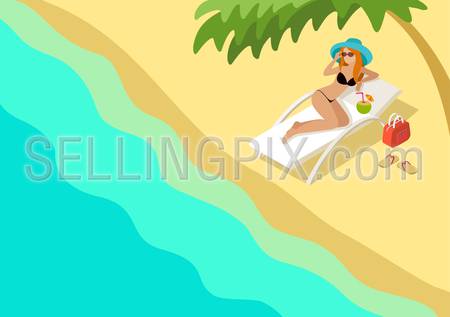 Beautiful beach flat 3d web isometric infographic travel vacation concept vector template. Sexy cartoon redhead young female sunbathing lounge cocktail under palm tree. Creative people collection.