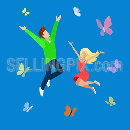Happy high jump young couple flat 3d web isometric infographic lifestyle hapiness concept vector. Jumping joy and fun to the sky with butterflies raising hands up. Creative people collection.
