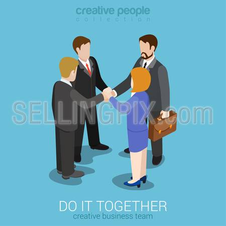 Strong team teambuilding togetherness flat 3d web isometric infographic business work concept vector template. Four businesspeople join hands to make a deal. Creative people collection.