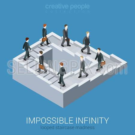 Vicious circle stalemate infinite loop flat 3d web isometric infographic business concept vector. Impossible fairy maze fable nonexistent pathway staircase optical illusion. Creative people collection