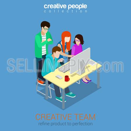 Brainstorming creative team people flat 3d web isometric infographic concept vector. Advertising agency work process. Teamwork around table laptop, chief, art director, designer, programmer.
