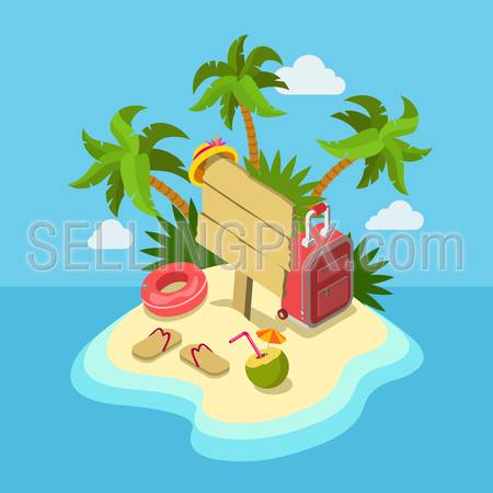 Tropic island beach wooden signpost flat 3d web isometric infographic travel vacation concept vector template mockup. Tropical sand seashore palm trees suitcase cocktail. Creative tourism collection.