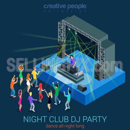 Night club dance DJ party flat 3d web isometric infographic concept vector template. Performance electronic music concept Dee-Jay set. Group young men girls dancing scene. Creative people collection.