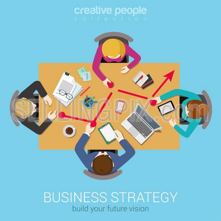 Business strategy line graphic report creative team brainstorming flat top table view web concept. Group of people moving points to chart. Data analysis, corporate reporting website banner conceptual.