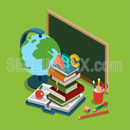 School college university education flat 3d web isometric infographic concept vector. Chalkboard globe heap books ABC apple set of objects.
