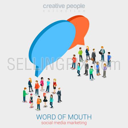Social marketing word of mouth gossip flat 3d web isometric infographic internet online technology concept vector template. Groups of micro people and chat callout signs. Creative people collection.