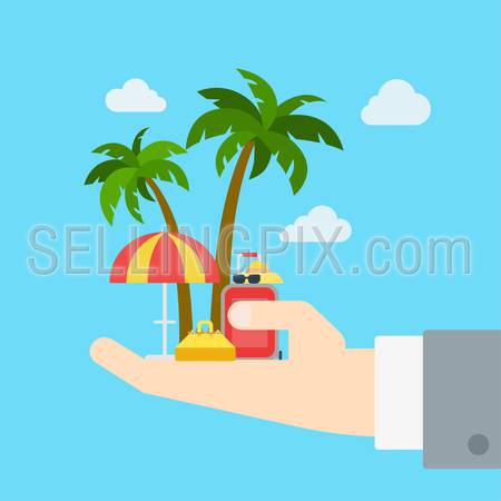 Travel company proposal promo tour business vacation flat web infographic concept vector template. Palm sun umbrella bag suitcase on huge palm. Creative tourism collection.