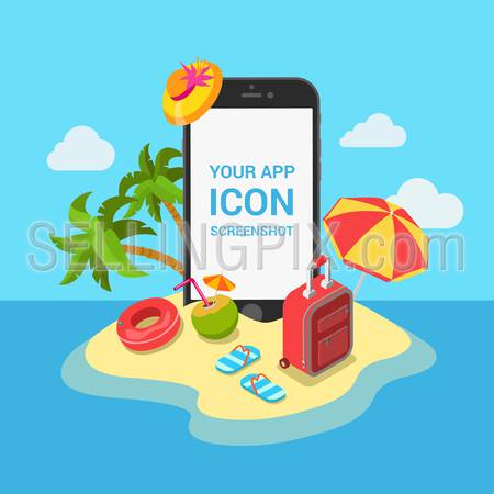 Travel air tickets resort hotel booking mobile app mockup showcase flat 3d isometric template vector illustration. Smartphone on tropic island beach among vacation objects: slippers suitcase cocktail.
