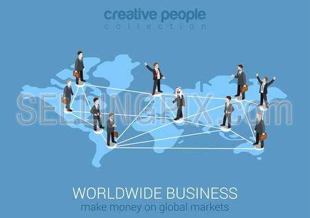 Worldwide business network flat 3d isometric modern design concept vector. Businessman pedestals connected on world map from continents. Web banners illustration website click infographics.