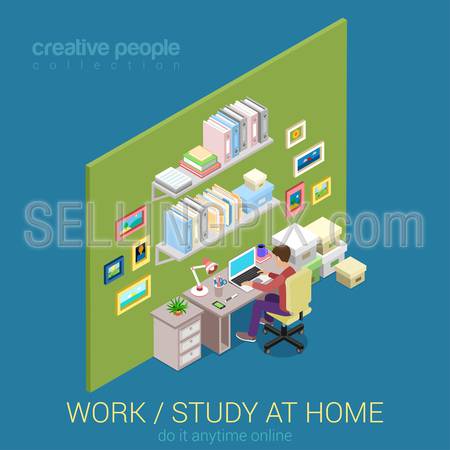 Freelance, work and study at home workplace flat 3d web isometric infographic concept vector. Young male student teenager working learning with laptop desk table interior. Creative people collection.
