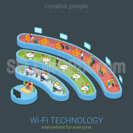 Public Wi-Fi zone wireless connection technology icon shape flat 3d isometric web banner template. People different interiors watch online TV work on computer surfing in restaurant transport station.
