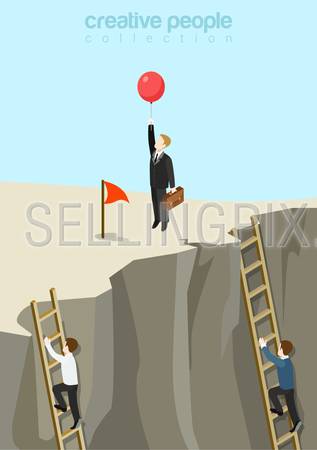 Easy way to success flat 3d web isometric infographic business concept vector template. Businessman fly up away on balloon while others continue climbing on ladders. Creative people collection.