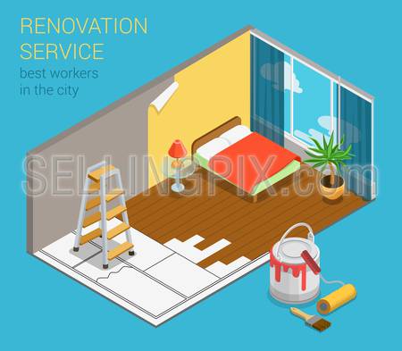 Home renovation service business flat 3d isometric web banner infographics template vector. Sleeping room bedroom interior redecoration condo ldg with new wallpaper paint can roller ladder and sketch.