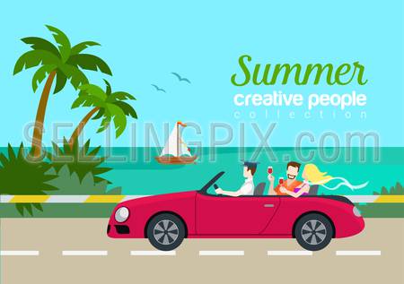 Summer travel couple cabrio car flat web infographic concept vacation vector postcard template. Beautiful woman man drink wine backseat driving seashore island road yacht. Creative people collection.