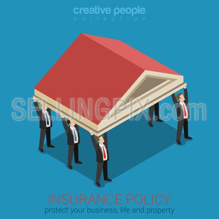 Insurance policy protecting your business flat 3d isometric concept web infographics banner vector. Group of businessmen holding huge roof classic building. Creative people collection.