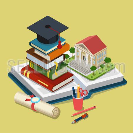 College university education graduation flat 3d web isometric infographic concept template vector. Heap of book graduate cap on top open book license stationery. Creative conceptual collection.