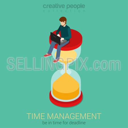 Time management project plan schedule flat 3d web isometric infographic business concept vector. Young man with laptop sitting on top of hourglass legs dangling. Creative people collection.