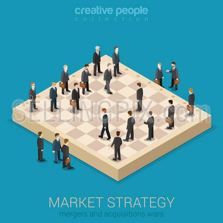 Corporate business market strategy flat style 3d isometric design vector illustration infographics concept. Businessmen are figures on chessboard playing real life game. Creative people collection.