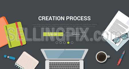 Mockup modern flat design vector illustration concept for creative creation process. Laptop notebook USB flash drive coffee. Web banner promotional materials template collection.
