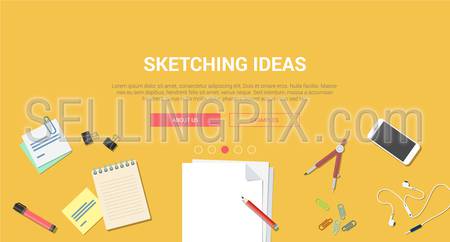 Mockup modern flat design vector illustration concept creative idea sketching process. Notebook sketchbook mobile smartphone stickers stationery. Web banner promotional materials template collection.
