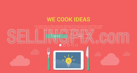 Mockup modern flat design vector illustration concept for creative idea cooking. Tablet lamp light bulb sign office desk table fork knife cutlery. Web banner promotional materials template collection.