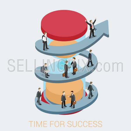 Time for success flat 3d web isometric infographic business concept vector. Arrow pathway road enlace sand timing schedule hourglass and walking businessmen. Creative people collection.