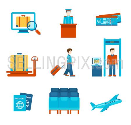 Travel flat style people objects airport security scanner airplane tickets luggage weighting infographics user interface icon set isolated vector illustration. Holiday tourism booking business.