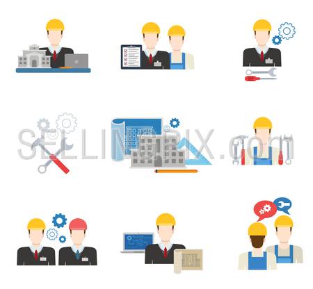 Construction workers builders architects people profile user interface icon set flat modern web isometric infographic concept vector. Sketch checklist engineer  collaboration service. Creative people.