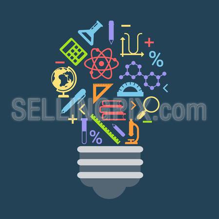 Flat style modern education science lab idea startup innovation light bulb infographic concept. Conceptual web illustration of lamp consist of learning object icons. Scientific objects icon collage.