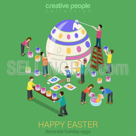 Easter egg painting micro people flat 3d isometric infographic holiday vector template. Spring religious vacation concept card web print materials.