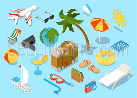 Travel objects icon set flat 3d isomectric modern design template. Airplane sunglasses palm umbrella passport suitcase ball beach chair wallet slippers cocktail yacht diving mask tube sun collection.