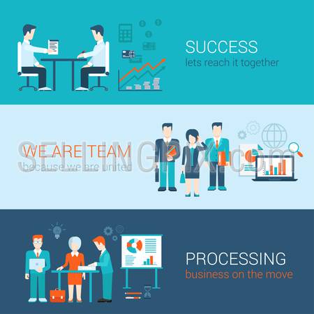 Business people lifestyle concept flat vector icon banners template set. Success partnership together united team processing report creative businessmen. Web illustration website infographics elements