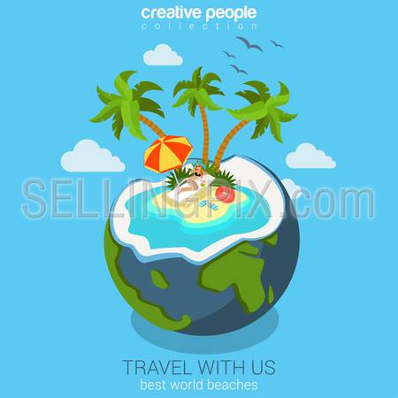 Travel tropic island beach in world globe coconut cocktail flat 3d web isometric infographic vacation concept vector template mockup. Sunbathing beauty woman on lounge. Creative tourism collection.