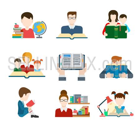 Flat education student pupil kid parent teacher people profile user interface icon set modern web isometric infographic concept vector. Learning study reading teach classes. Creative people collection