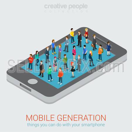 Mobile generation template with crowd of casual micro people on smart phone touch screen flat 3d web isometric infographic concept vector. Communication addiction. Creative people collection.