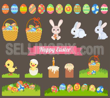 Flat Easter holiday modern style design vector icon set celebration decoration template. Decorative elements objects painted eggs bunny rabbit chicken bread paska.
