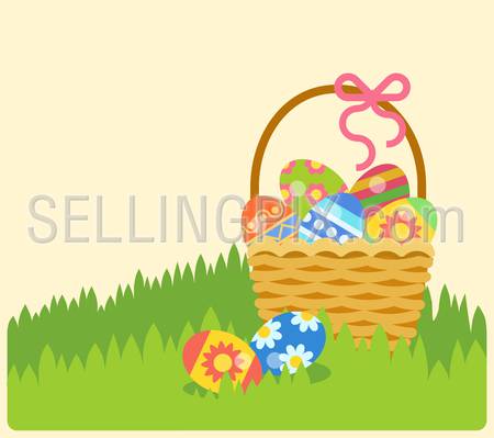 Flat Easter holiday modern style design vector celebration decoration postcard empty background template. Decorative elements objects painted eggs in the basket.