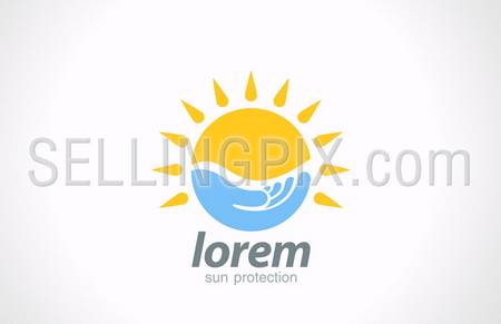 Sunblock vector logo design template. Sunscreen symbol. Sun protect care concept such as logotype. Sun in hand creative idea. – stock vector
