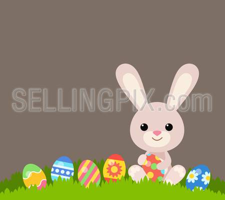 Flat Easter holiday modern style design vector celebration decoration postcard empty background template. Decorative elements objects painted eggs and bunny rabbit.