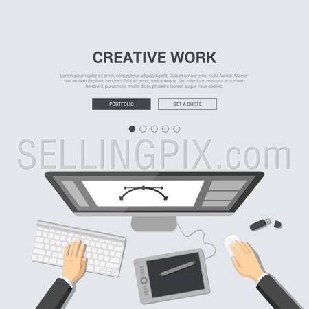 Mockup modern flat design vector illustration concept for creative work top view designer workplace paint tablet artist interface computer. Web banner promotional materials template collection.