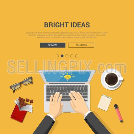 Mockup modern flat design vector illustration concept for bright ideas top view workplace hands on laptop chocolate coffee glasses. Web banner promotional materials template collection.