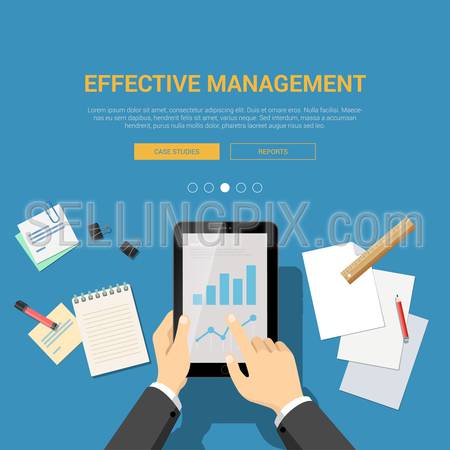 Mockup modern flat design vector illustration concept for effective management hands on touch screen tablet report case study. Web banner promotional materials template collection.