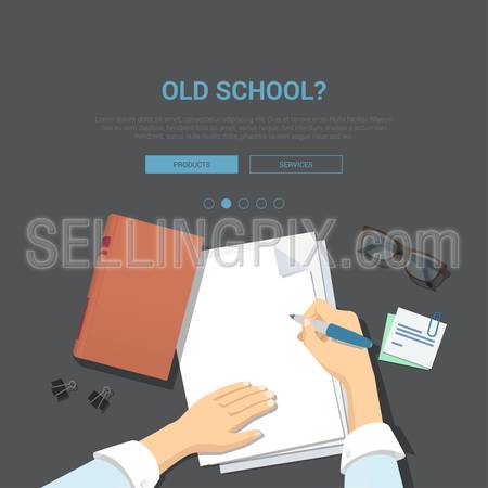 Mockup modern flat design vector illustration concept for old school top view workplace hands on paper showcase writing empty sheet glasses. Web banner promotional materials template collection.