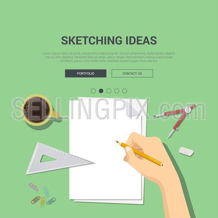 Mockup modern flat design vector illustration concept for sketching ideas hand with pencil over blank empty white sheet of paper compasses ruler. Web banner promotional materials template collection.