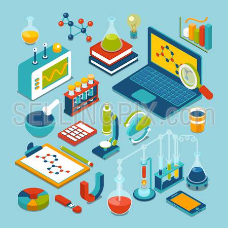 Science research lab technology objects icon set flat 3d isometric modern design template. Laptop flask microscope bulb pounder chemical formula calculator oscilloscope process reacion collection