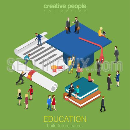 Education graduation license certificate flat 3d web isometric infographic concept vector. Micro people with big graduate cap books cert. Creative people collection.
