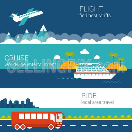 Travel flat banners set of cruise ship, aircraft, train