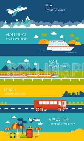 Travel transport flat vector banners set of cruise aircraft, ship, bus, train